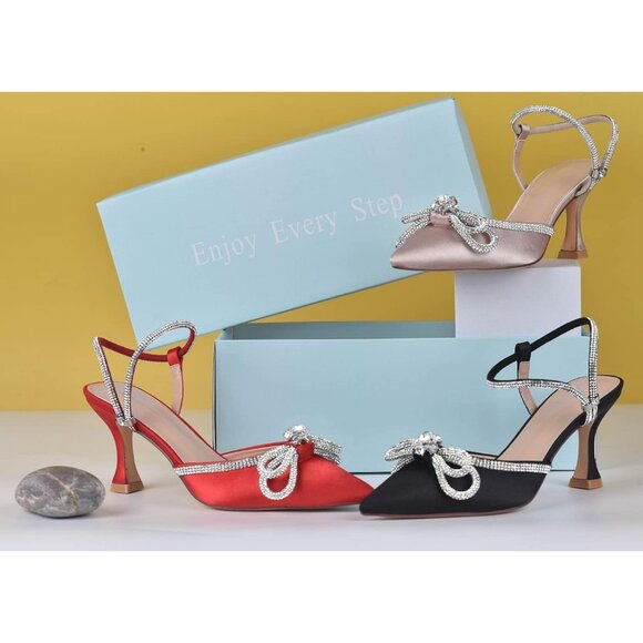 Women's Rhinstone Red Adjustable Strap Bow Closed Toe Pumps Heeled Shoes - Picture 9 of 9